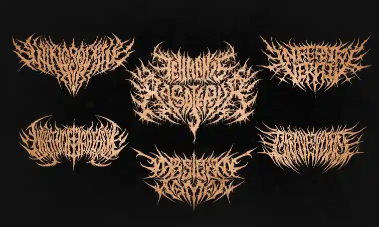 Six death metal style band logos in tan on black.